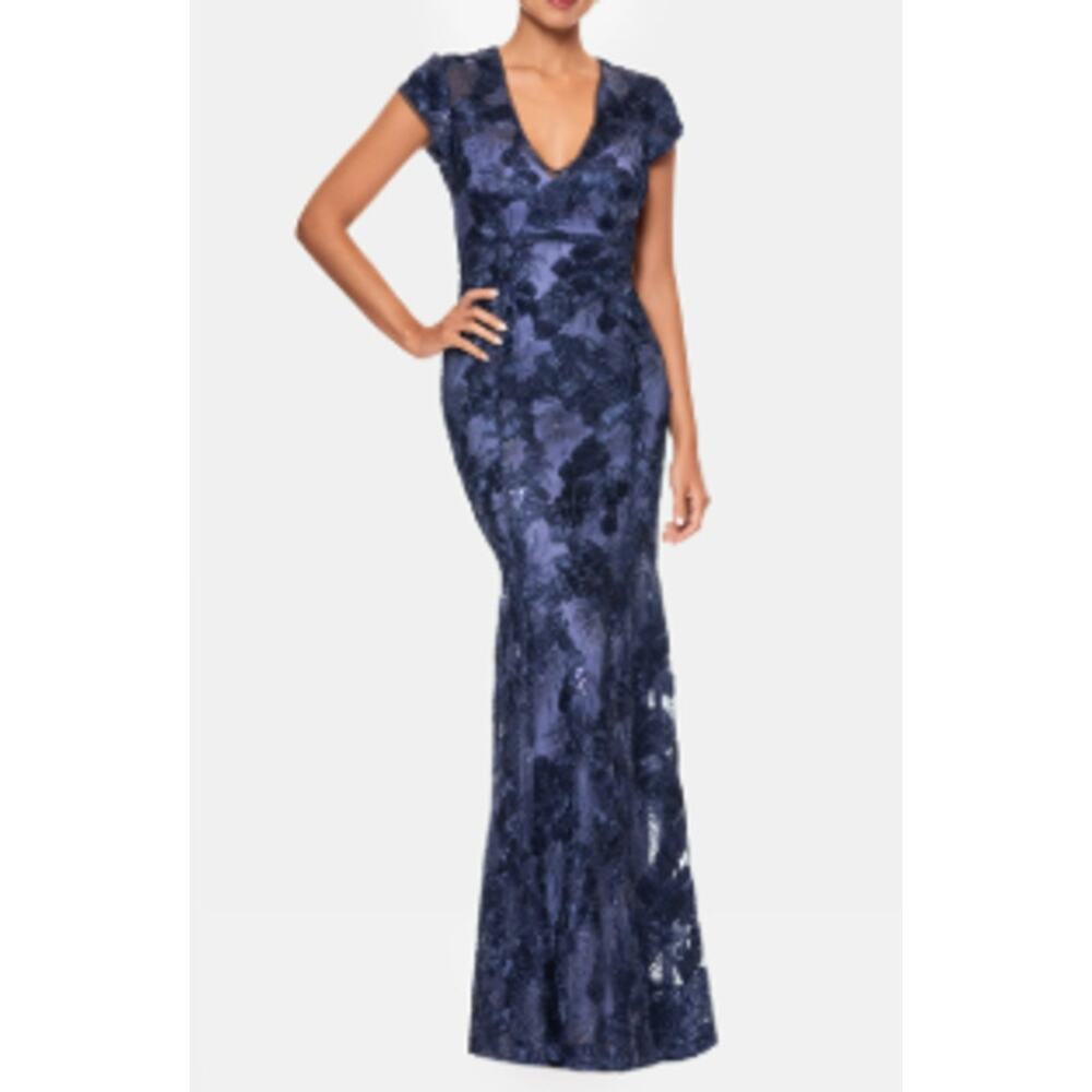 NWT BETSY ADAM Flower Embroidered Cap Sleeve Gown Navy Size 14
